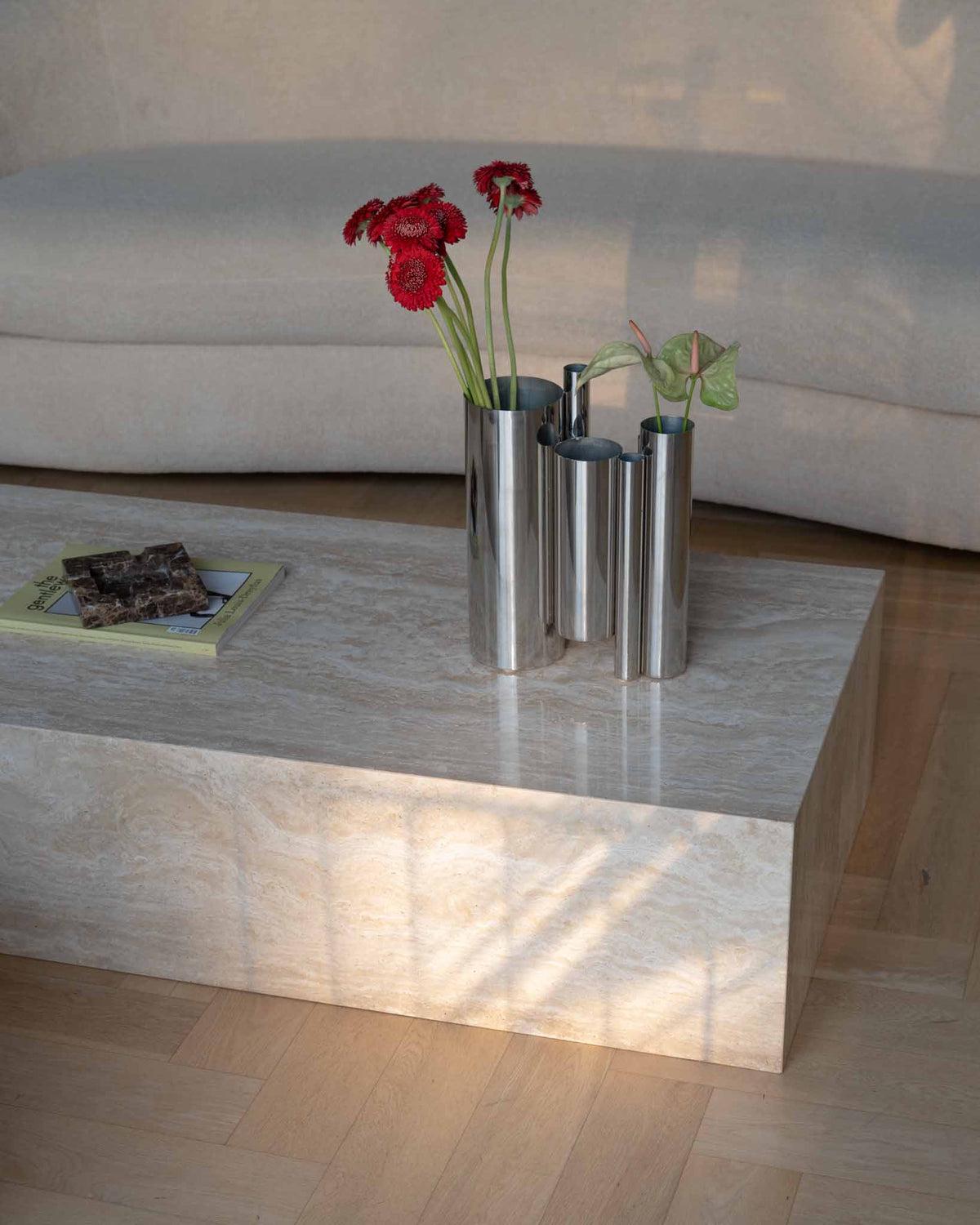 Block Travertine Coffee Table in modern living room setting
