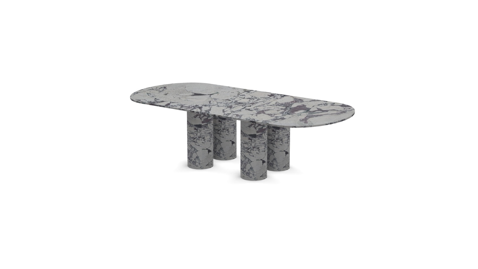 Front view of the Viola Quattro | Marble Oval Dining Table showcasing its sculptural marble legs and oval Calacatta Viola top.