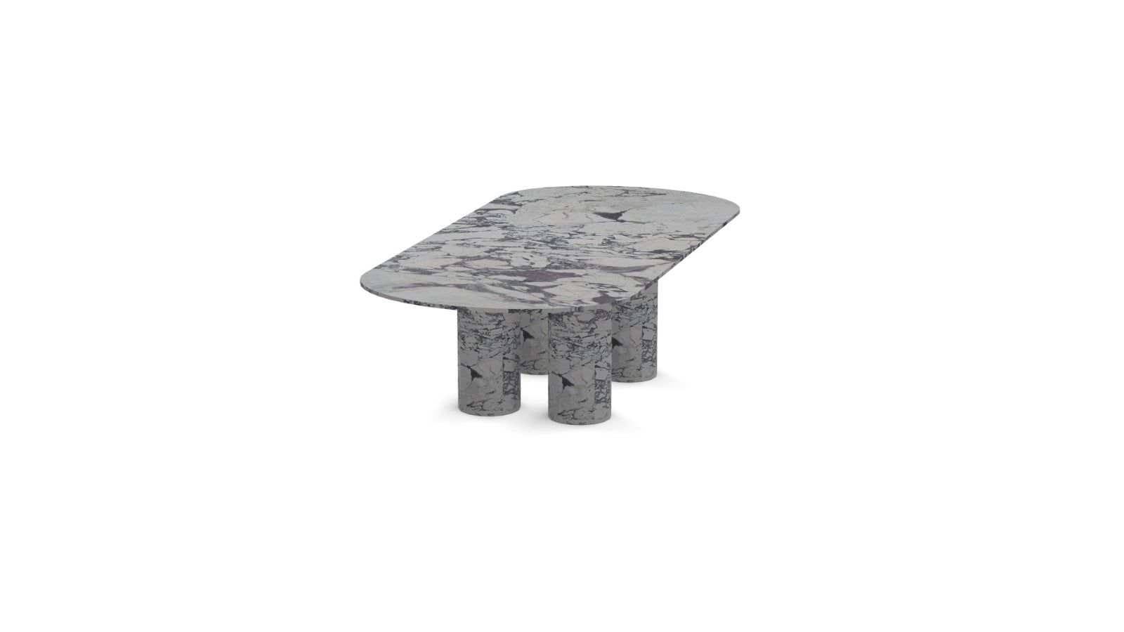 Front view of the Viola Quattro | Marble Oval Dining Table showcasing its sculptural marble legs and oval Calacatta Viola top.