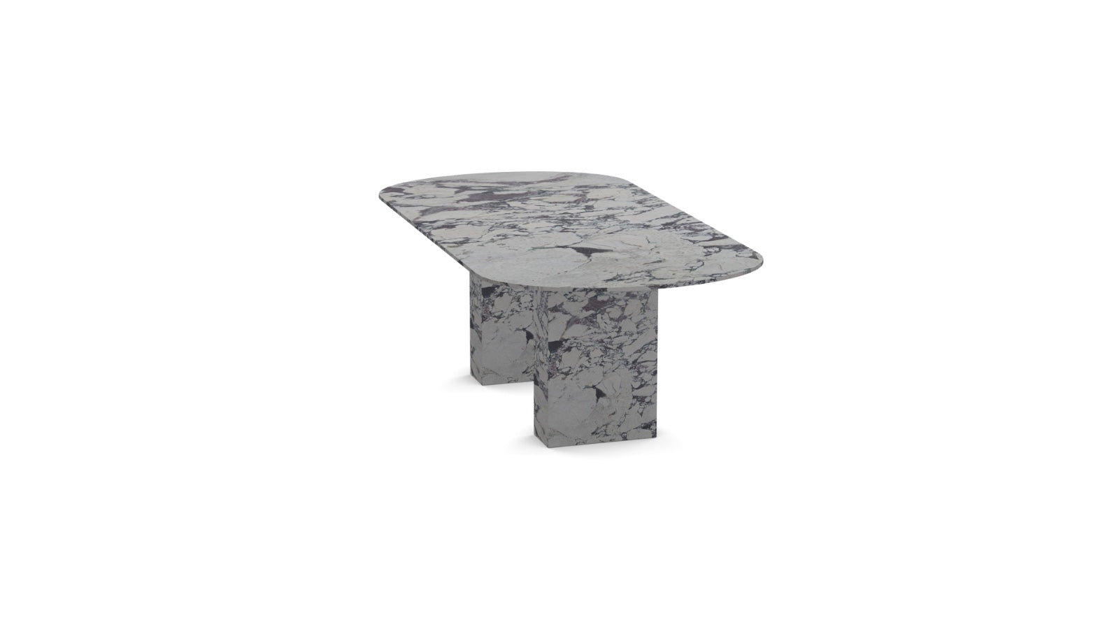 Front view of the Viola Bloc | Marble Oval Dining Table with Calacatta Viola marble and bold block legs.