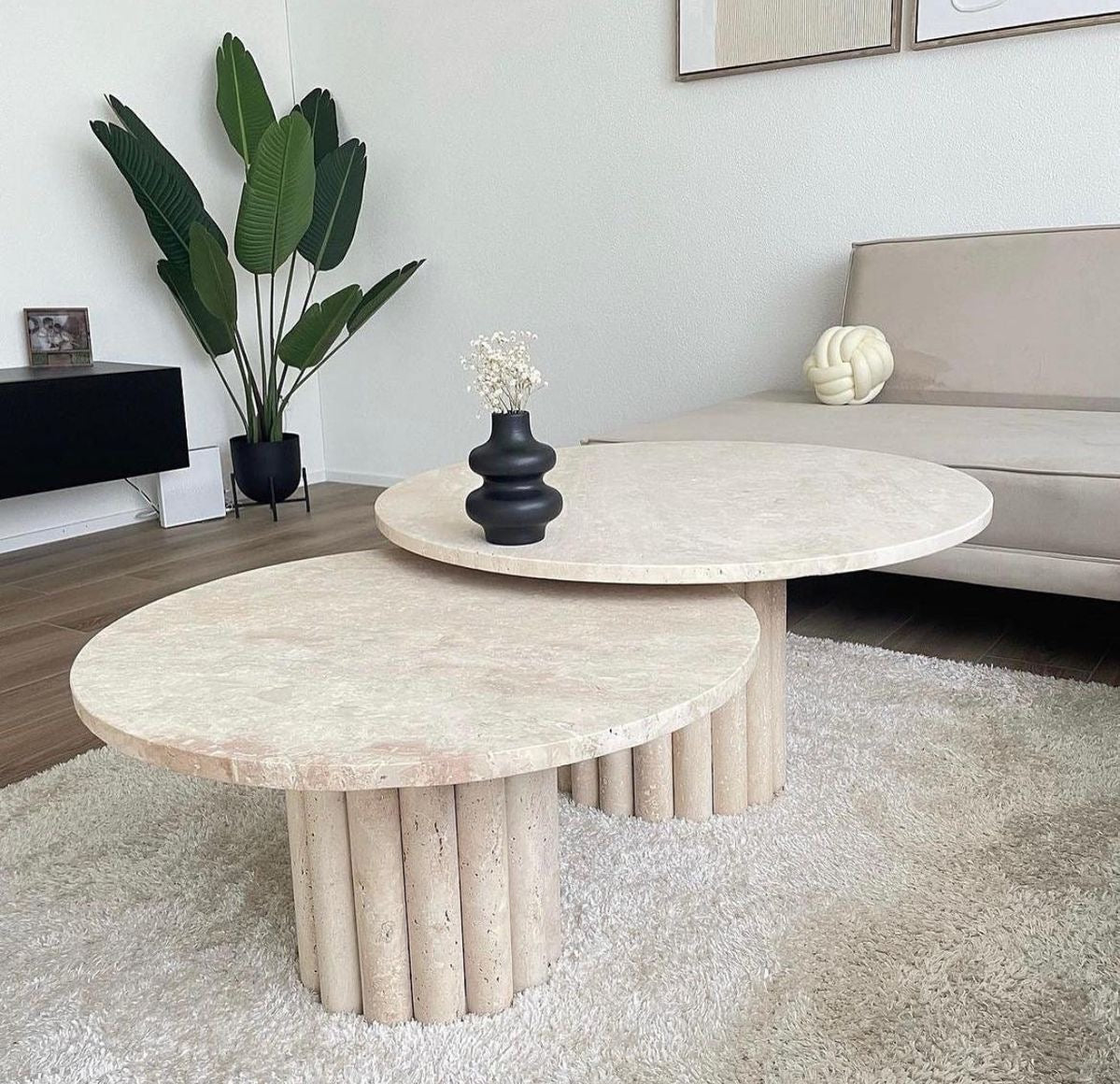 Bambusa travertine coffee table set with fluted legs and round tops in crosscut finish