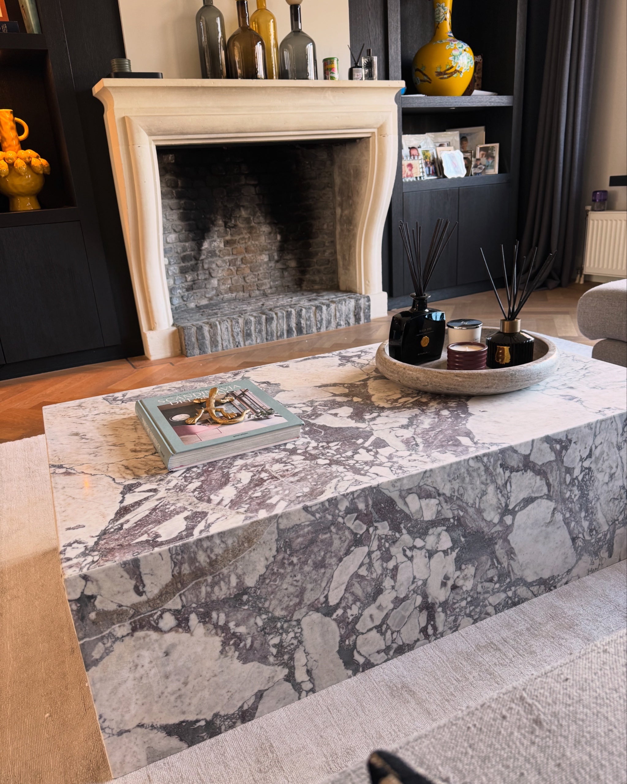 Calacatta Viola solid marble coffee table with bold purple veining, handcrafted by MERAKI MARBLE