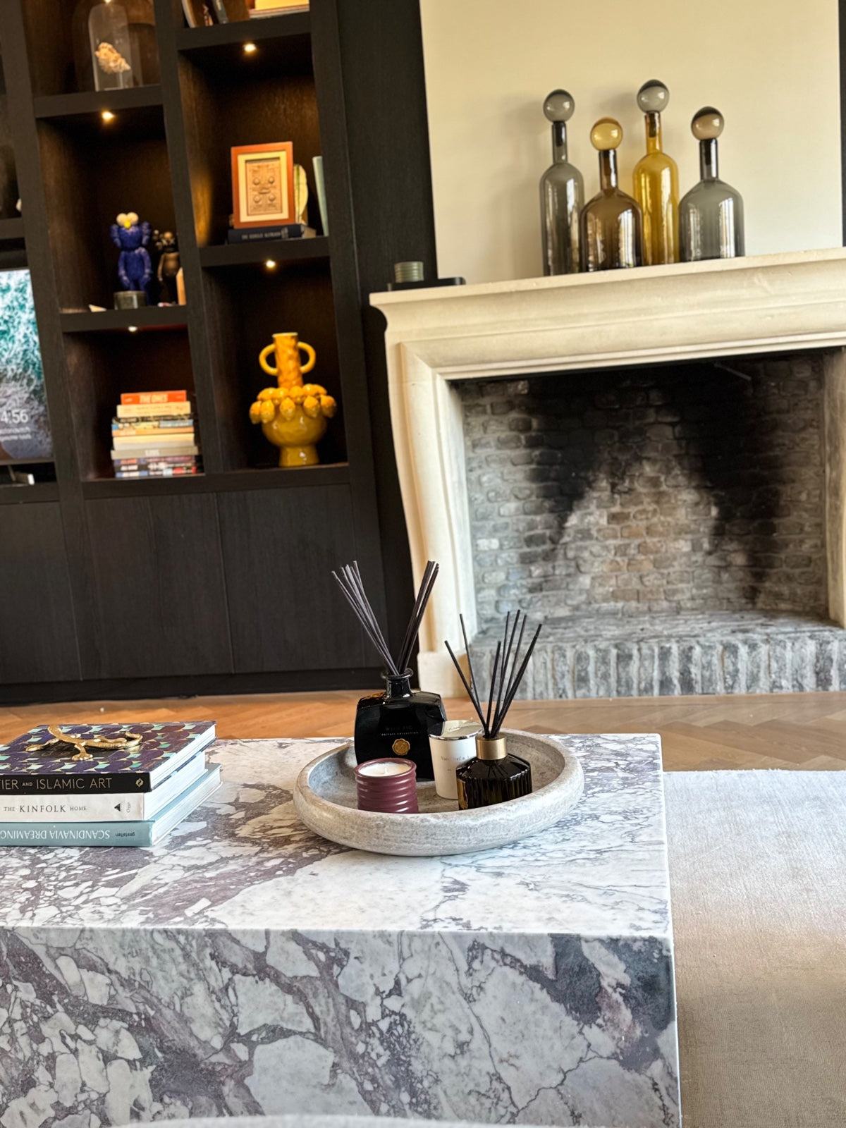 Calacatta Viola solid marble coffee table with bold purple veining, handcrafted by MERAKI MARBLE