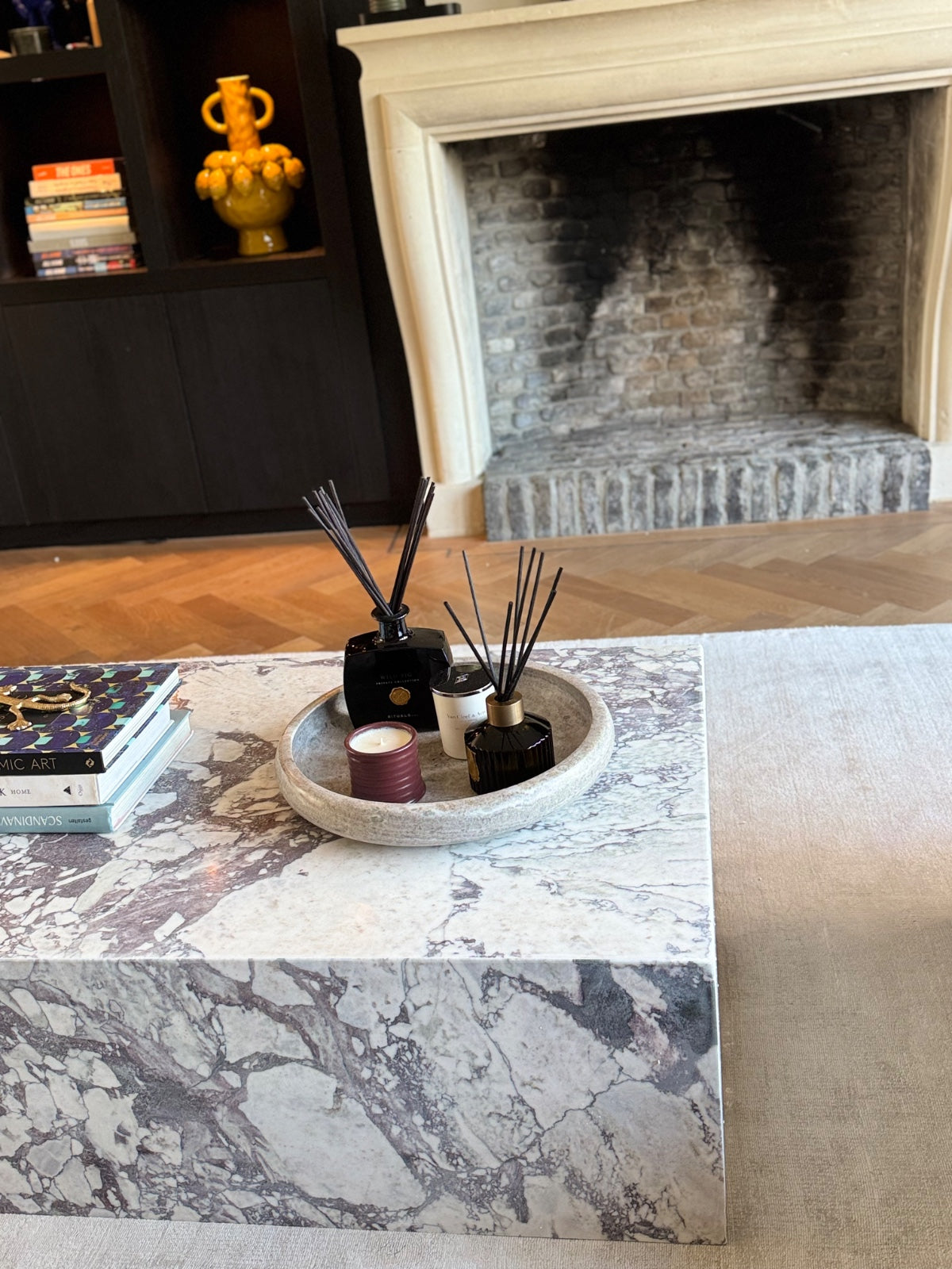 Calacatta Viola solid marble coffee table with bold purple veining, handcrafted by MERAKI MARBLE