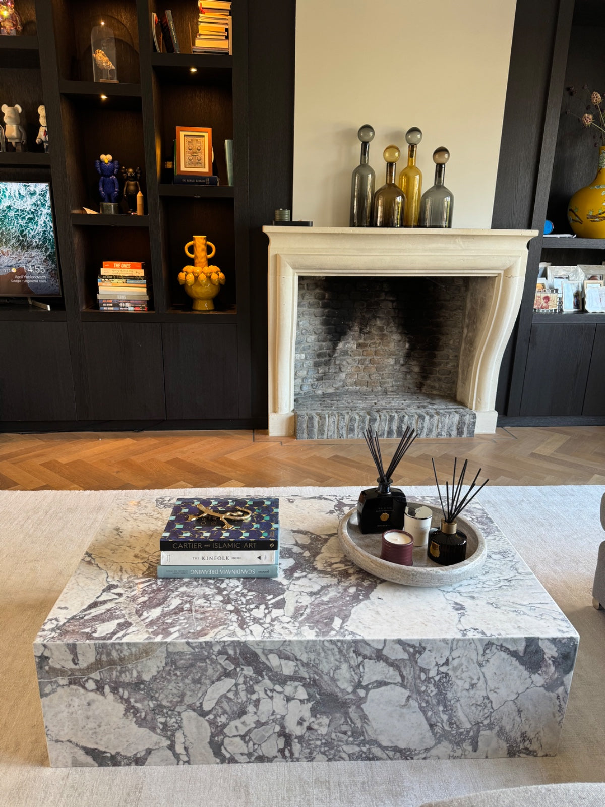 Calacatta Viola solid marble coffee table with bold purple veining, handcrafted by MERAKI MARBLE