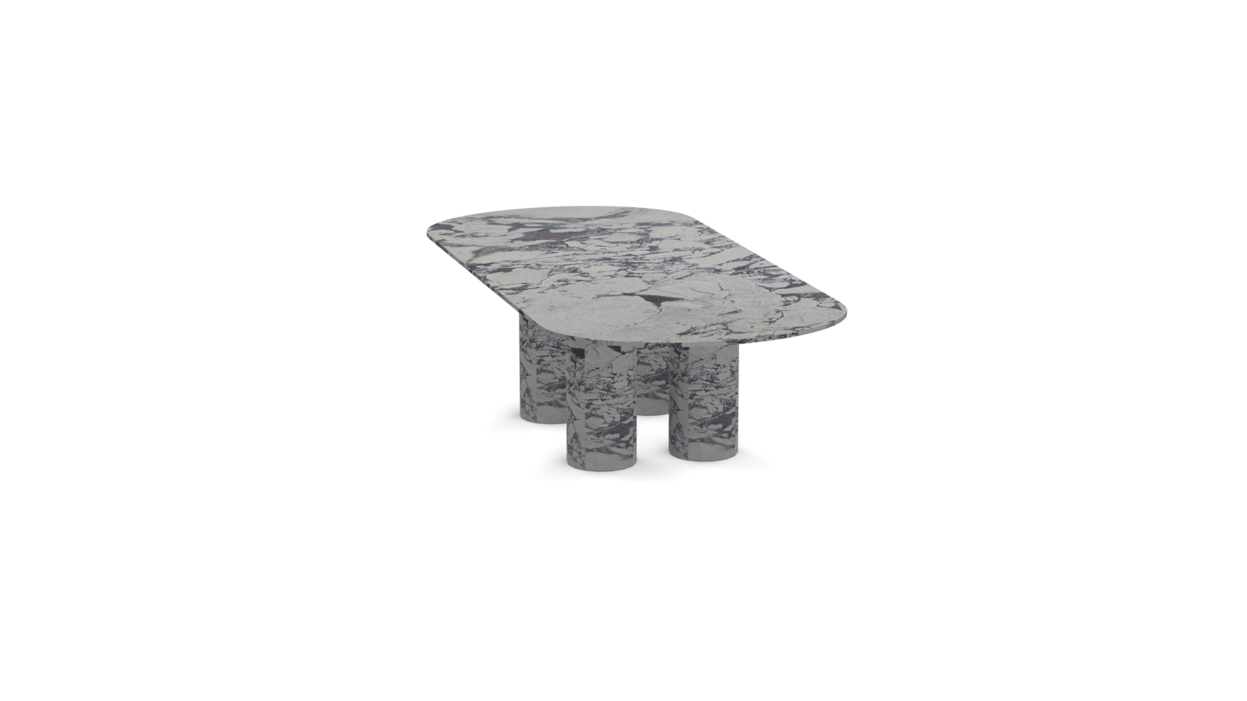 Front view of the Viola Quattro | Marble Oval Dining Table showcasing its sculptural marble legs and oval Calacatta Viola top.