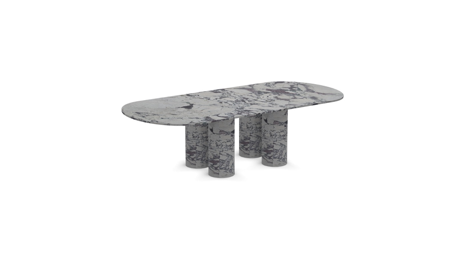 Front view of the Viola Quattro | Marble Oval Dining Table showcasing its sculptural marble legs and oval Calacatta Viola top.