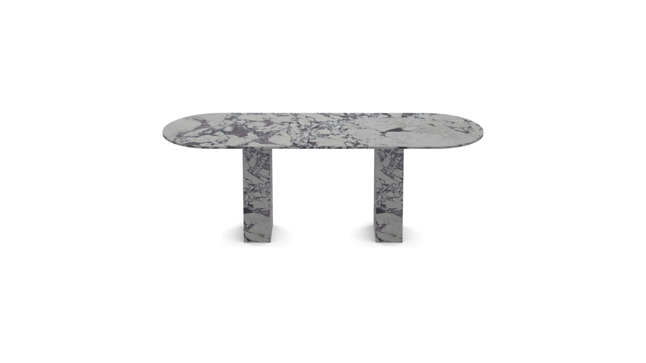 Front view of the Viola Bloc | Marble Oval Dining Table with Calacatta Viola marble and bold block legs.