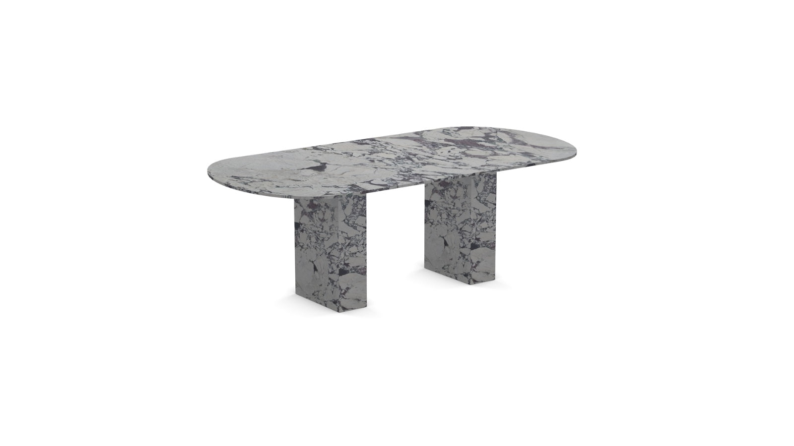 Detailed shot of the purple and burgundy veining on the oval Calacatta Viola marble top supported by two block legs.