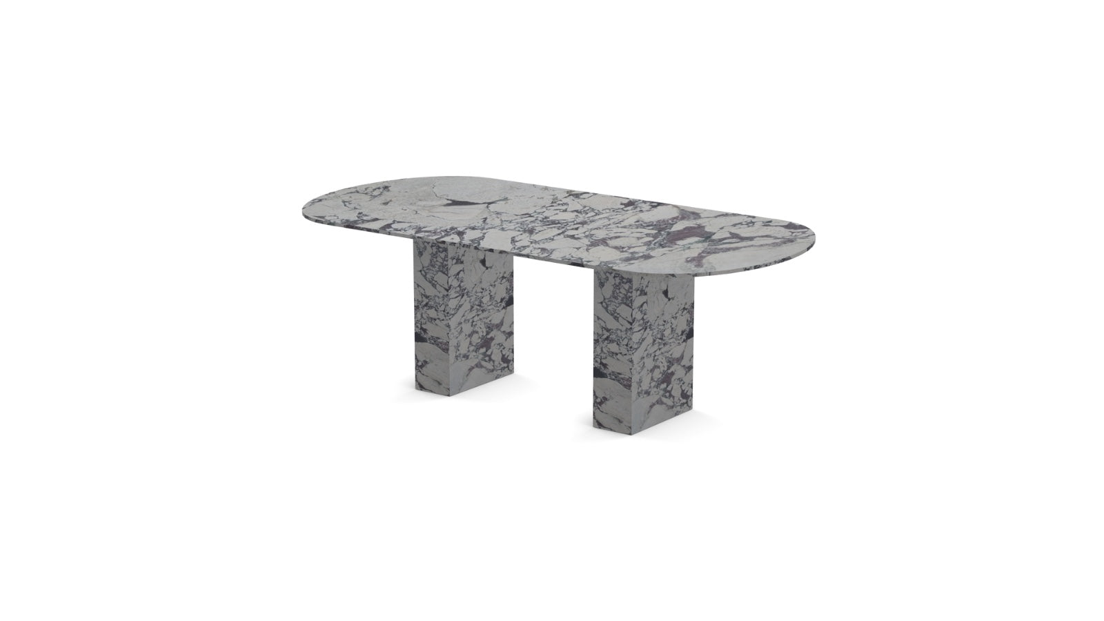 Detailed shot of the purple and burgundy veining on the oval Calacatta Viola marble top supported by two block legs.