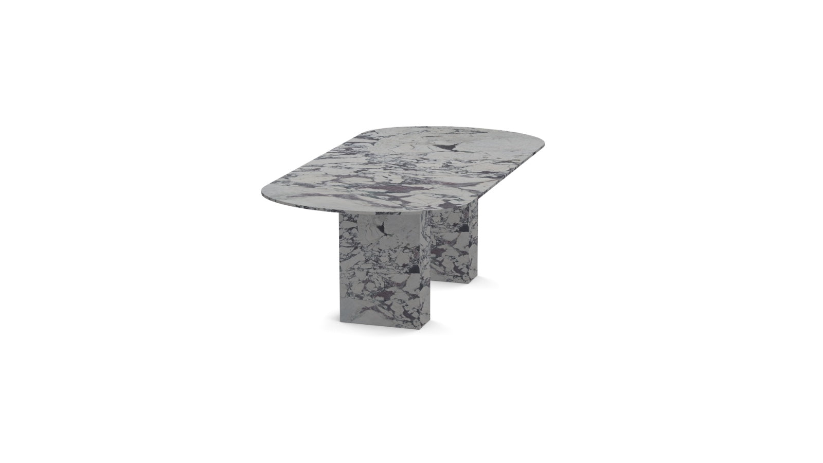 Front view of the Viola Bloc | Marble Oval Dining Table with Calacatta Viola marble and bold block legs.