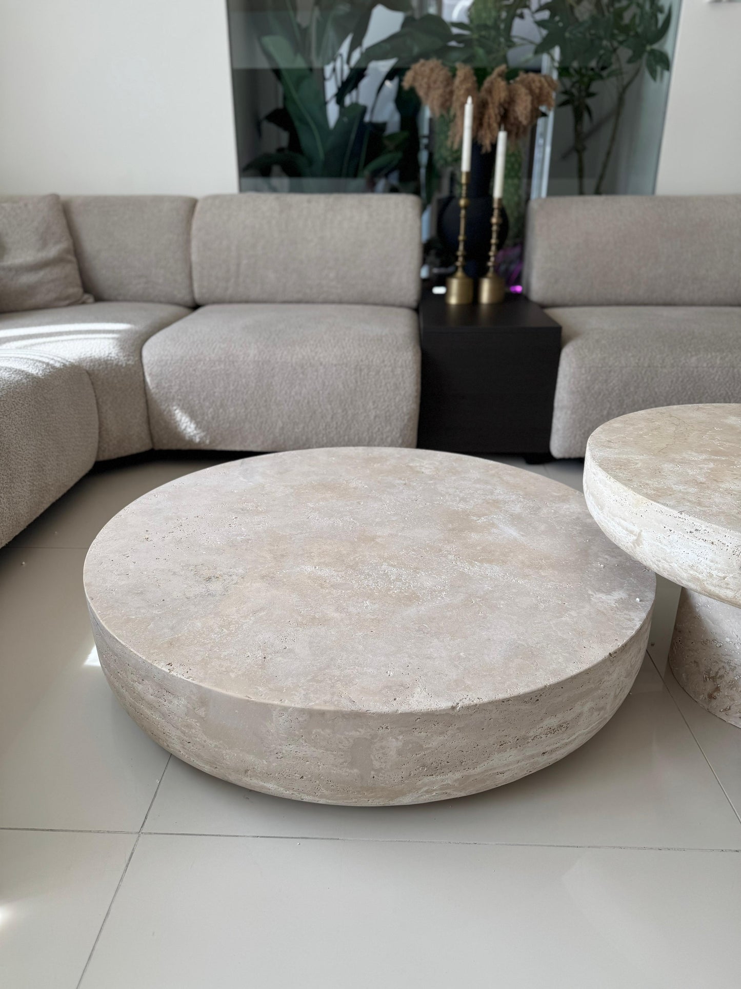 Close-up of natural travertine texture and honed finish