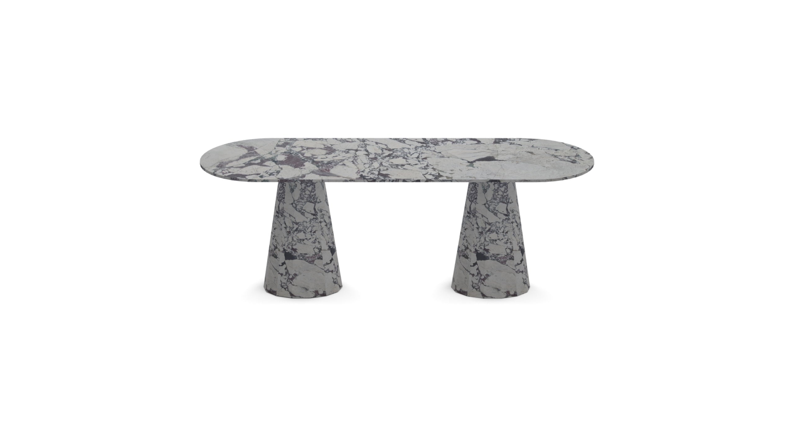 Front view of the Luna | Marble Oval Dining Table showcasing its Calacatta Viola marble top and cone-shaped legs.