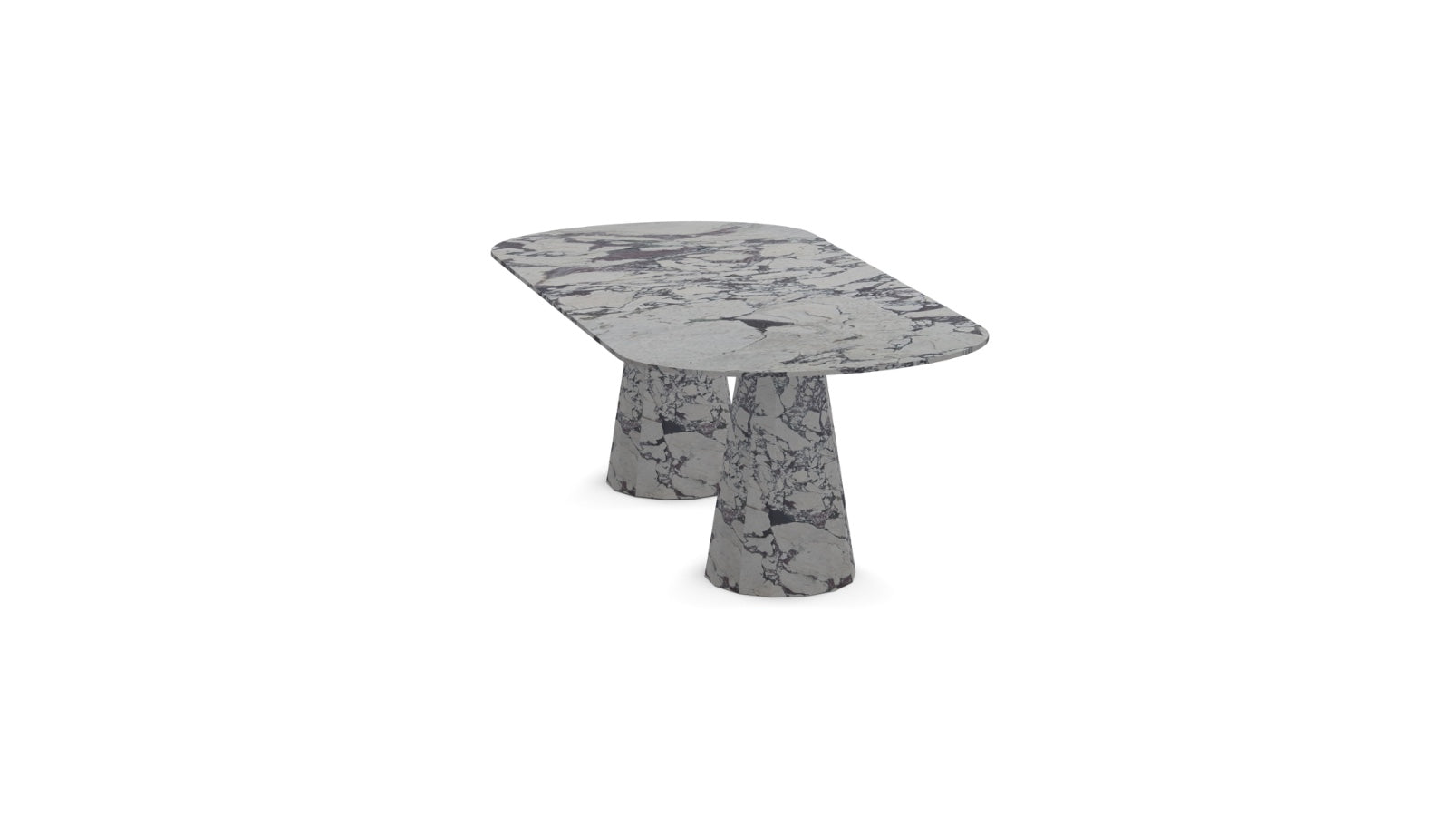Front view of the Luna | Marble Oval Dining Table showcasing its Calacatta Viola marble top and cone-shaped legs.