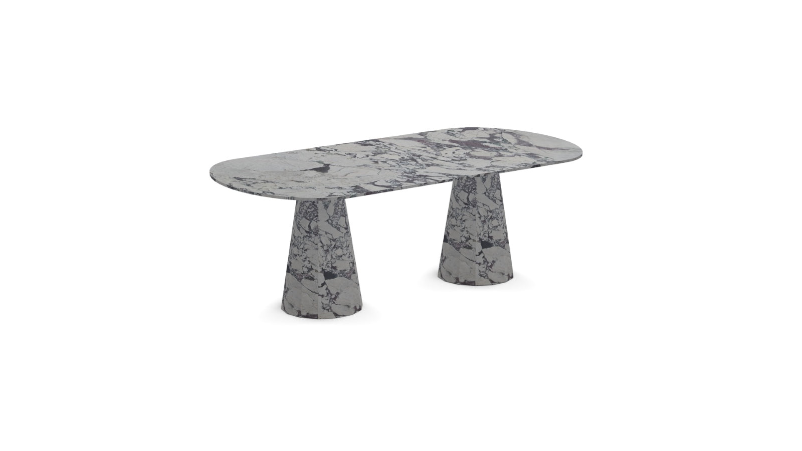 Front view of the Marble Oval Dining Table showcasing its Calacatta Viola marble top and cone-shaped legs.