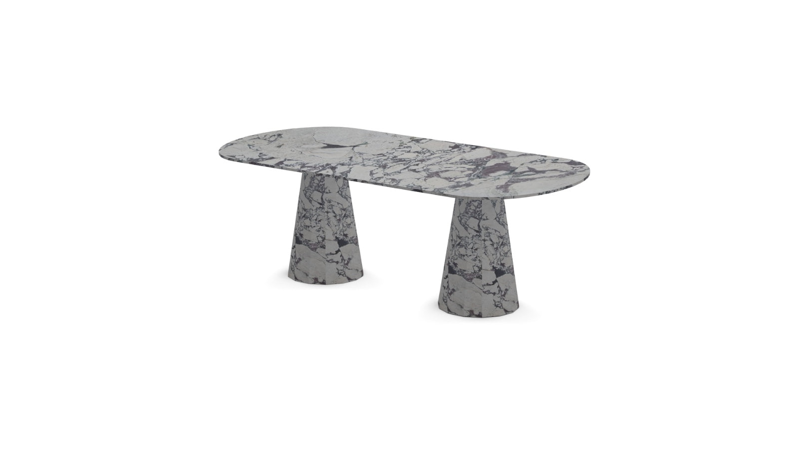 Front view of the Luna | Marble Oval Dining Table showcasing its Calacatta Viola marble top and cone-shaped legs.