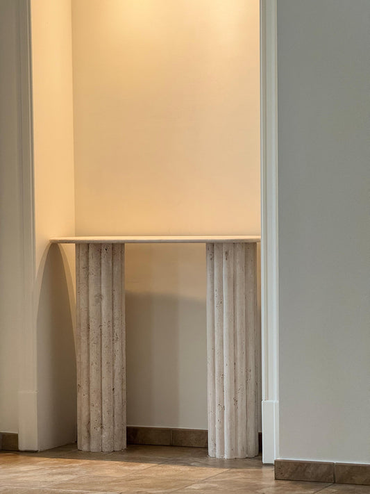 Colosseum travertine console table with fluted cylindrical bases